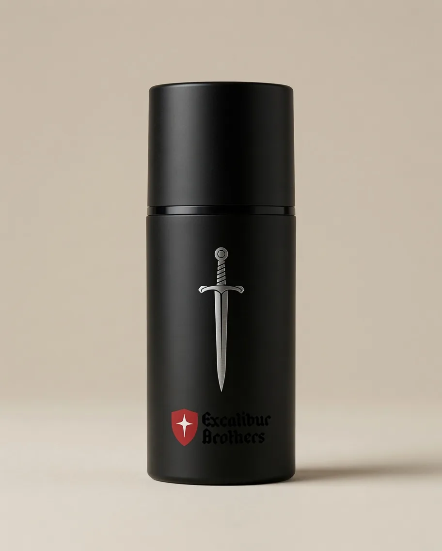 Black bottle packaging concept for an Excalibur Brothers men's face moisturizer