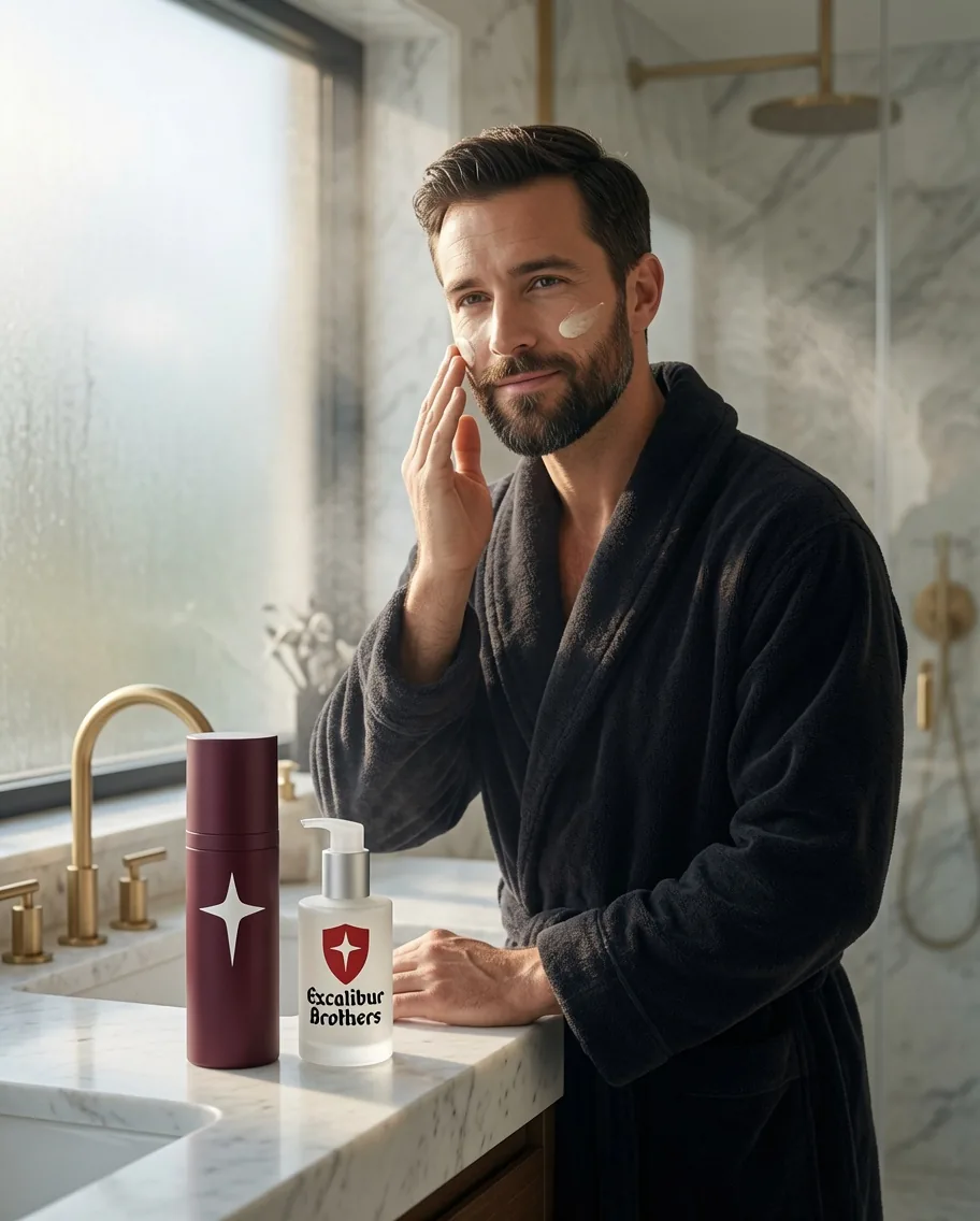 Lifestyle concept for an Excalibur Brothers men's face moisturizer