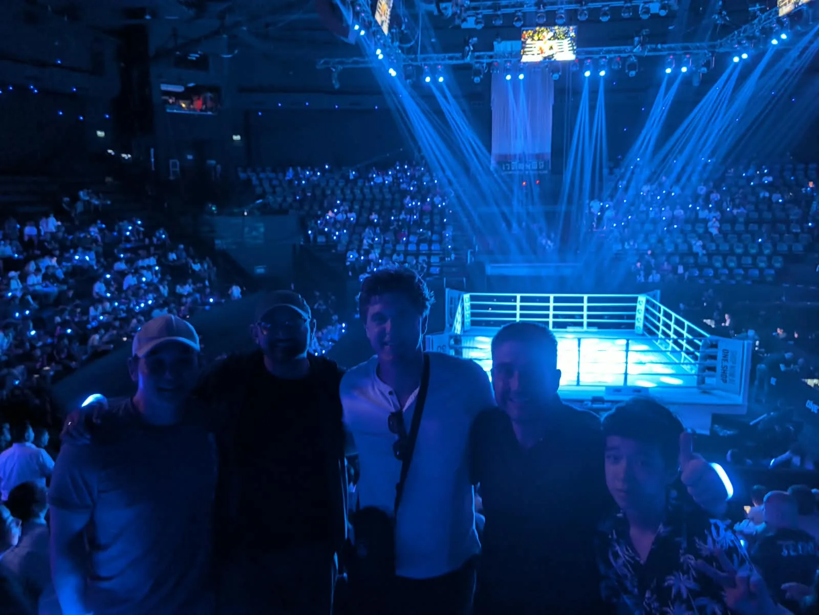 Mike, Miles, Will Rodgers, and friends at the Friday night Muay Thai event in Bangkok